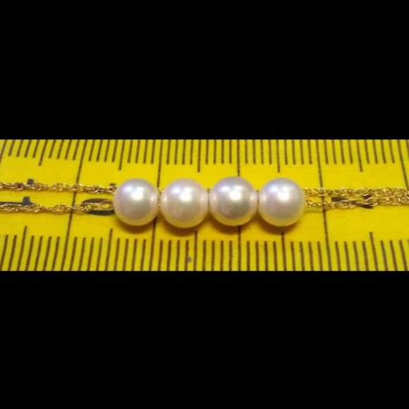 Solid 14K Yellow Gold Four Natural Round White Pearls Necklace 16"-19" - Picture 7 of 11